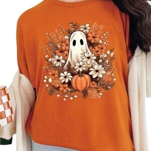 Floral Ghost Boho Graphic T Shirt 💯% Cotton - Orange